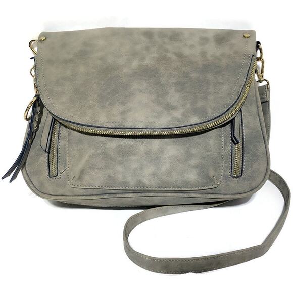 Gray Vegan Leather Crossbody Purse Handbag With 5 Zippered Pockets 11" x 8" - Picture 1 of 9
